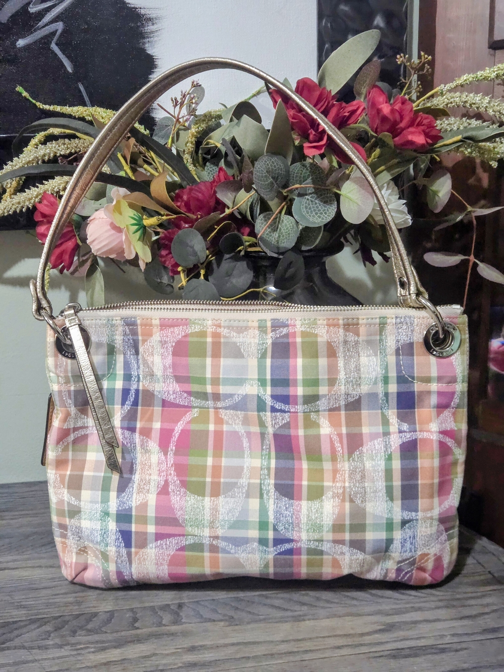 Coach Poppy Madras Plaid Leather Shoulder Bag with Gold Trim And Wristlet Purse - Picture 5 of 16
